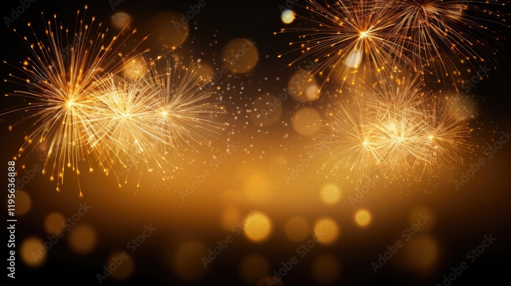 Fototapeta premium Gold Party Fireworks Celebrate Happy New Year and Holiday. 2023 Countdown with Golden Rockets in Night Sky. Festive Background for Summer Day or 4th of July