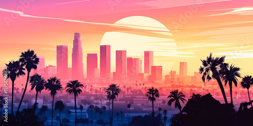 Red sunset over the city. Los Angeles skyline illustration