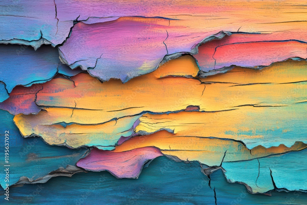 Fototapeta premium A painted wooden surface with peeling layers, exposing vibrant, dynamic textures beneath