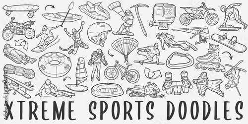 Extreme Sports Doodle Icons. Hand Made Line Art. Activity Clipart Logotype Symbol Design.
