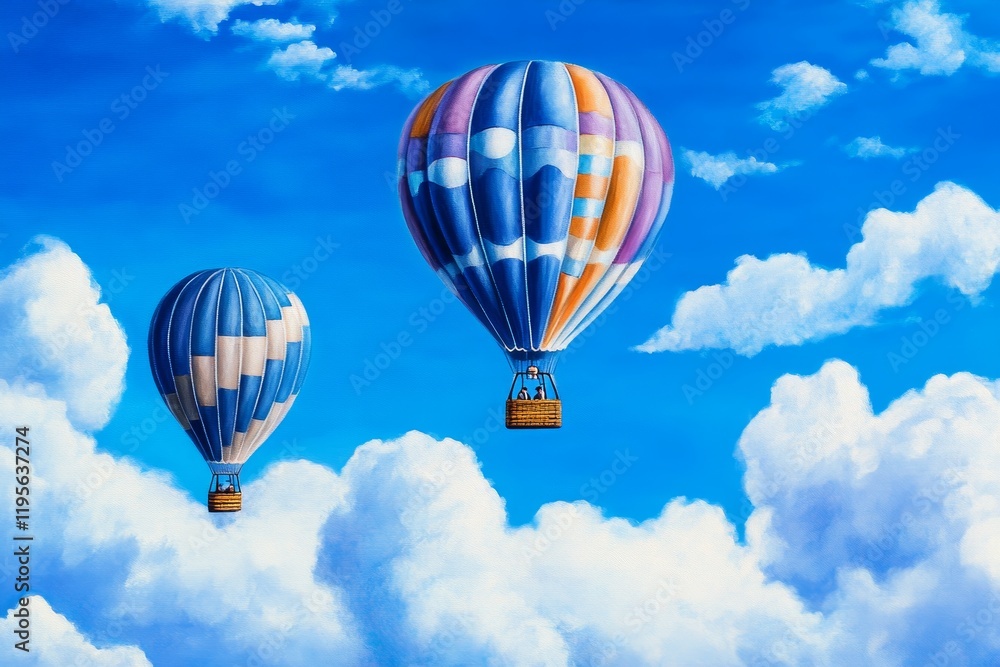 Naklejka premium Two Hot Air Balloons Soaring High - A vibrant painting of two hot air balloons ascending through a bright blue sky filled with fluffy white clouds.