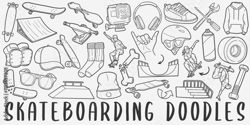 Skateboarding Doodle Icons. Hand Made Line Art. Skateboard Park Clipart Logotype Symbol Design.