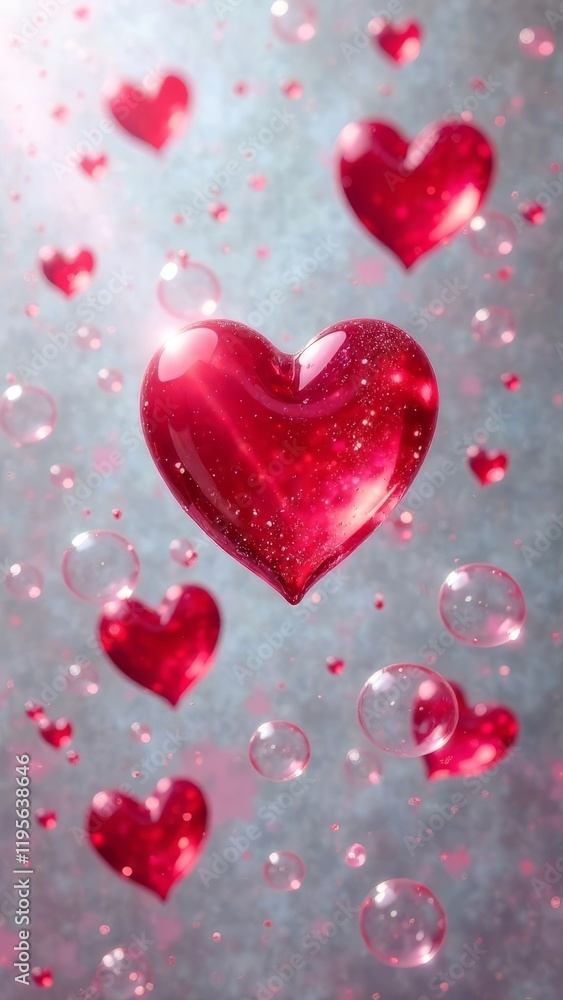Background of red hearts in soap bubbles, space for text, Valentine's day Background of red hearts in soap bubbles, space for text, Valentine's day