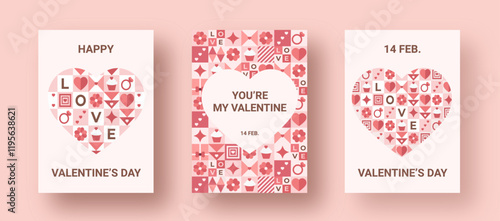 Valentine's Day cards feature hearts and romantic icons, such as flowers and rings, celebrating love and romance. The text highlights "Happy Valentine's Day," "You're My Valentine," and "14 February."