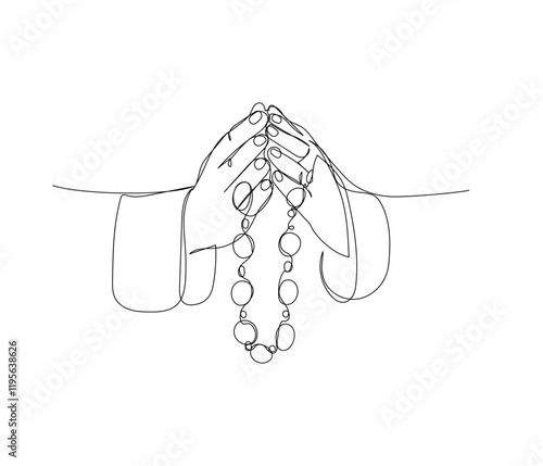 hands with rosary beads, praying, Muslim prayer one line art. Continuous line drawing of online Muslims, Islam, traditions, clothing, folk, oriental.
