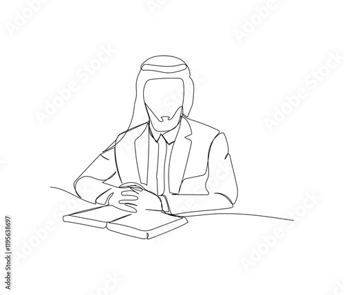 Arab businessman in a suit and keffiyeh, deal, documents, negotiate one line art. Continuous line drawing of online Muslims, Islam, traditions, clothing, folk, oriental.