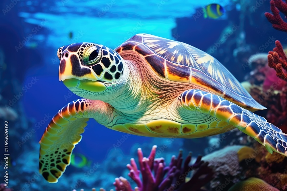 Hawksbill Turtle Swimming Underwater in the Beautiful Blue Waters of Maldives - Animal Beauty in Aquatic Background and Colourful Colours Hawksbill Turtle Swimming Underwater in the Beautiful Blue Waters of Maldives - Animal Beauty in Aquatic Background and Colourful Colours