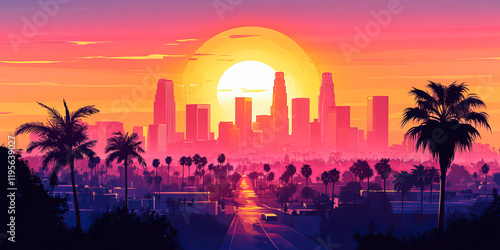 Red sunset over the city. Los Angeles skyline illustration