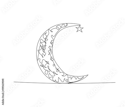 Islamic Symbol, Crescent and star one line art. Continuous line drawing of online Muslims, Islam, traditions, clothing, folk, oriental.