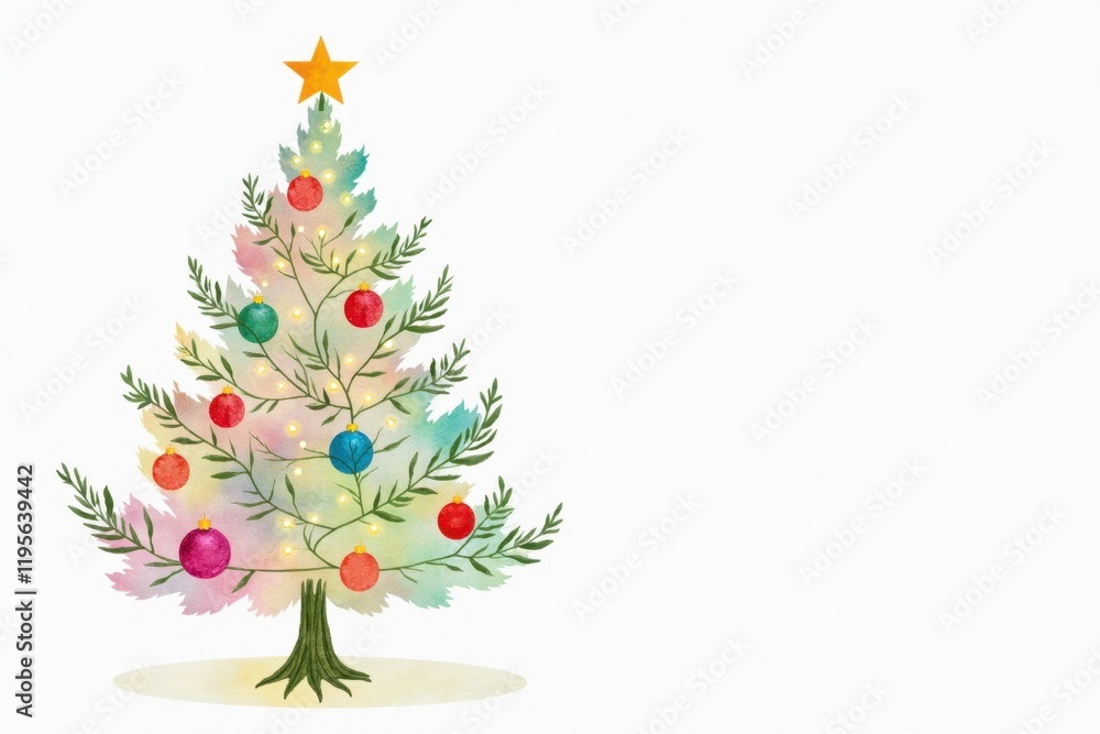 A decorated Christmas tree is isolated on a white background, adorned with colorful ornaments and twinkling lights.