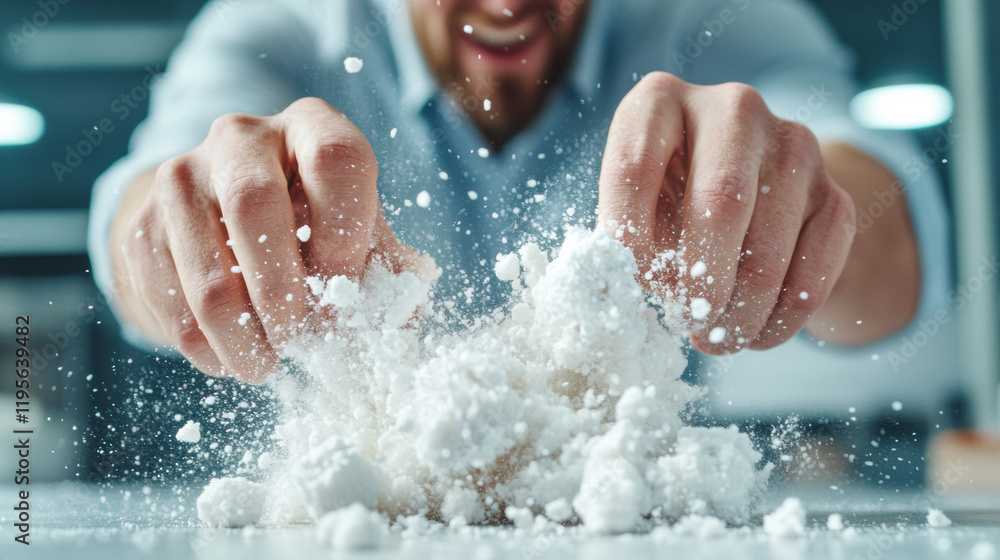 Fototapeta premium Hands Releasing White Powder in an Office Setting During a Creative Process