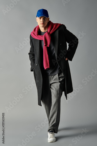Fotografie A fashionable young man walks confidently, blending contemporary style with urban grace