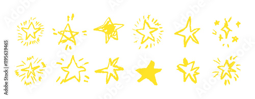 Set of gold chalk drawing stars. Shine or sparkle doodle collection. Children style yellow wax pencil handdrawing elements of night sky. Crayon scratch grunge texture star shapes. Vector illustration