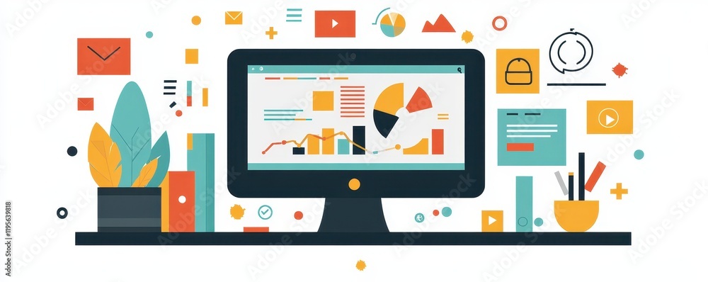 Data visualization on computer screen with graphs and charts in office workspace Data visualization on computer screen with graphs and charts in office workspace