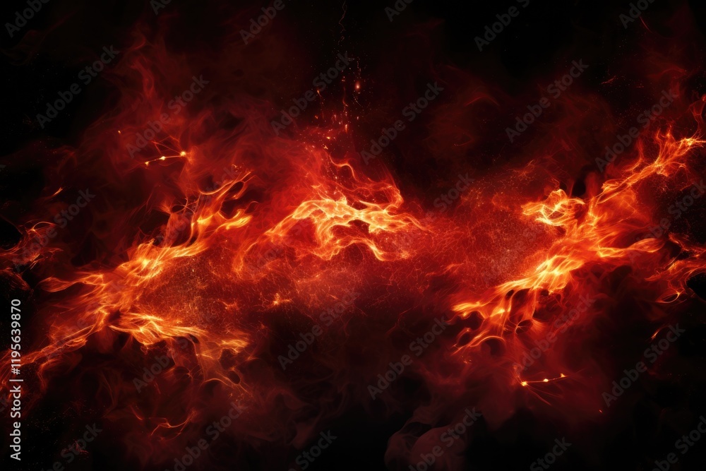 Fototapeta premium Heated Drama: Fire Flames with Sparkling Explosion and Red Sparks on Black Background