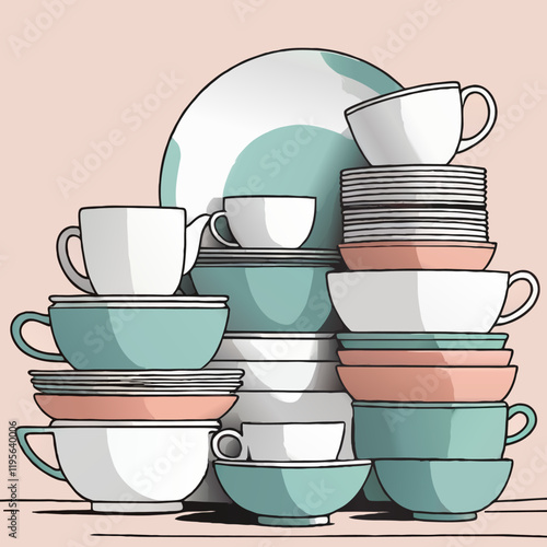 pile of dinnerware cartoon vector illustration