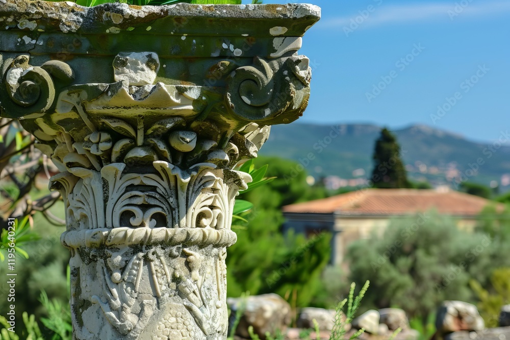 Obraz premium Ancient corinthian capital with floral reliefs is standing among ruins in greece