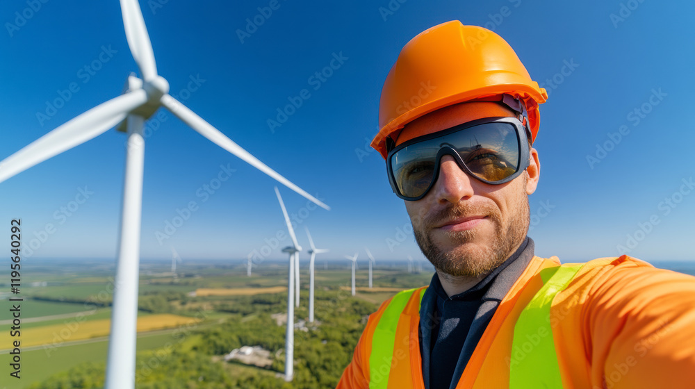 Drone Captures Wind Turbine Technician at Work on a Sunny Day in a Rural Landscape Drone Captures Wind Turbine Technician at Work on a Sunny Day in a Rural Landscape