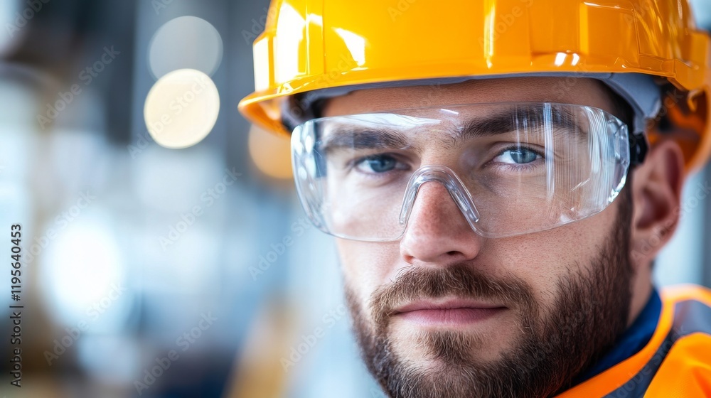 A close-up of a construction worker wearing a helmet and safety glasses, looking directly at the camera, Safety gear scene A close-up of a construction worker wearing a helmet and safety glasses, looking directly at the camera, Safety gear scene