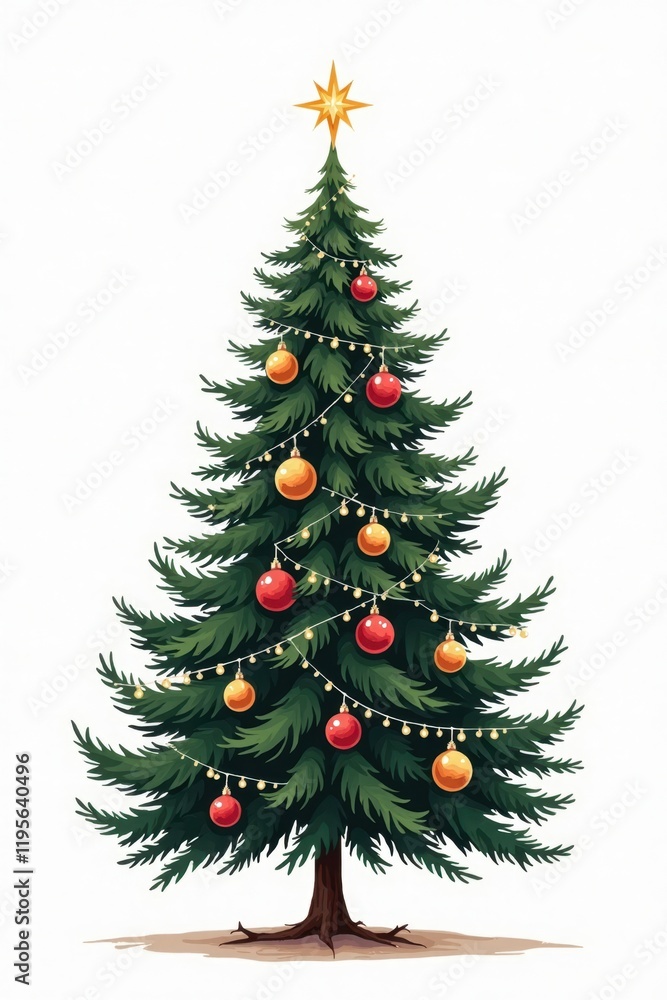 A tall, lush Christmas tree with deep green needles is beautifully adorned with shiny, red and gold ornaments. Twinkling white lights wrap around the branches, and a sparkling star sits atop A tall, lush Christmas tree with deep green needles is beautifully adorned with shiny, red and gold ornaments. Twinkling white lights wrap around the branches, and a sparkling star sits atop