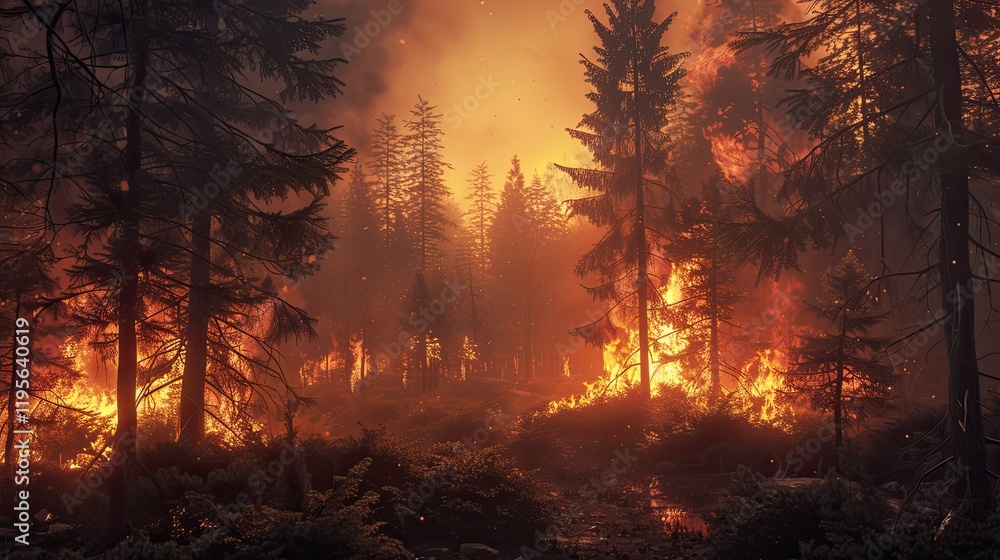 A forest fire raging through a coniferous forest, A forest fire raging through a coniferous forest,