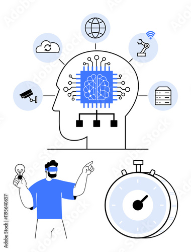 Human in virtual reality headset, stopwatch, AI brain in head silhouette with connections to robotics, cloud, and cyber monitoring. Ideal for AI innovation, digital design, future tech, automation