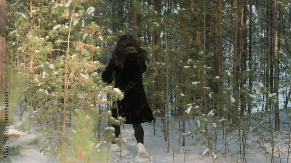 Female in dark fur coat frantically running between snow covered pine trees, nervously scanning surrounding winter forest landscape while seeking desperate escape route Female in dark fur coat frantically running between snow covered pine trees, nervously scanning surrounding winter forest landscape while seeking desperate escape route