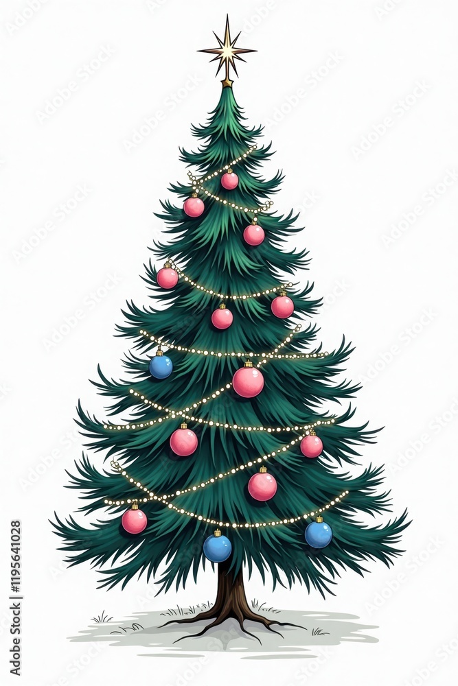 A tall, lush Christmas tree with deep green needles is beautifully adorned with shiny, pink and blue ornaments. Twinkling white lights wrap around the branches, and a sparkling star sits atop A tall, lush Christmas tree with deep green needles is beautifully adorned with shiny, pink and blue ornaments. Twinkling white lights wrap around the branches, and a sparkling star sits atop