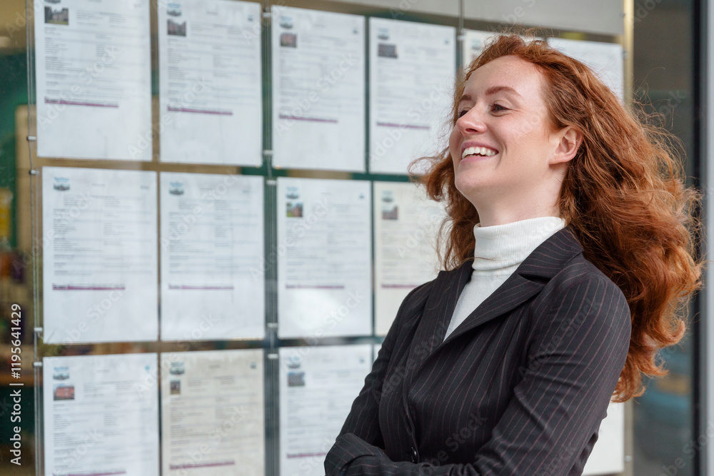 Professional woman smiling in front of displayed listings in a busy urban area Professional woman smiling in front of displayed listings in a busy urban area