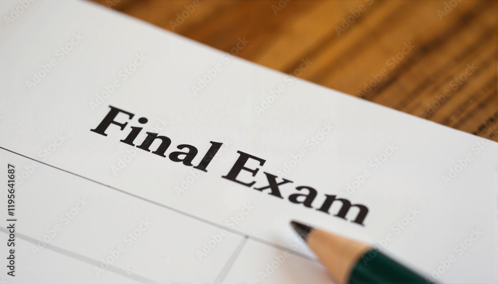 Final exam paper on wooden desk, Exam Theme