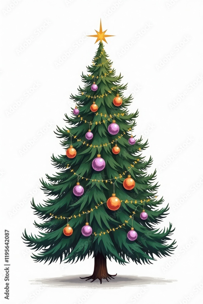 A tall, lush Christmas tree with deep green needles is beautifully adorned with shiny, lavender and orange ornaments. Twinkling white lights wrap around the branches, and a sparkling star sits atop A tall, lush Christmas tree with deep green needles is beautifully adorned with shiny, lavender and orange ornaments. Twinkling white lights wrap around the branches, and a sparkling star sits atop