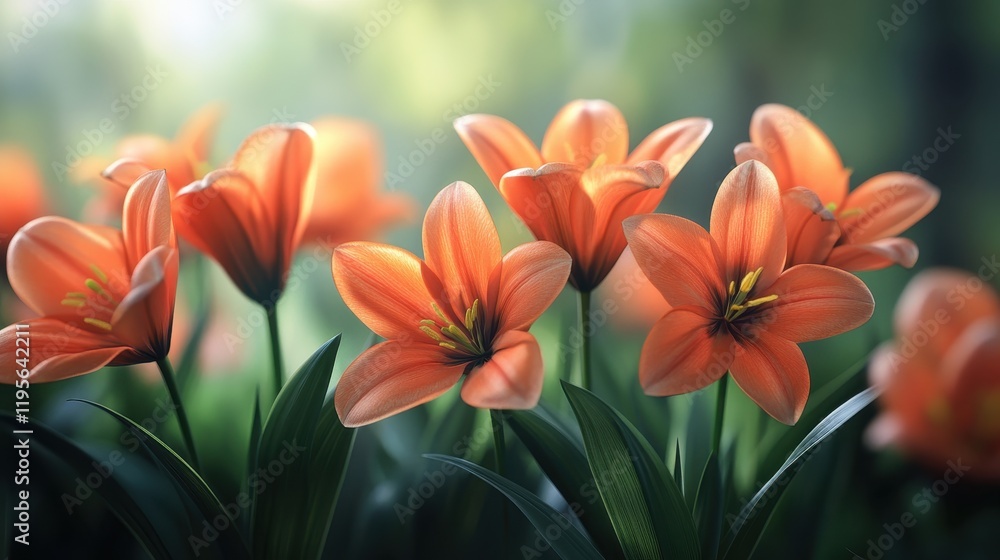 Vibrant orange lilies blooming in lush garden amidst soft sunlight Vibrant orange lilies blooming in lush garden amidst soft sunlight