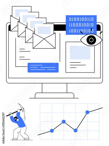 Monitor with emails, eye, binary code, pixel art hacker mining, and growth chart. Ideal for cybersecurity, data privacy, hacking, surveillance email management data trends abstract line flat