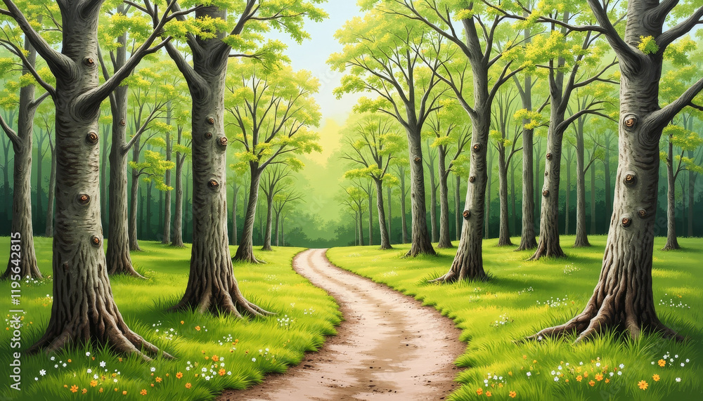 Scenic winding path through vibrant spring forest, nature's awakening Scenic winding path through vibrant spring forest, nature's awakening