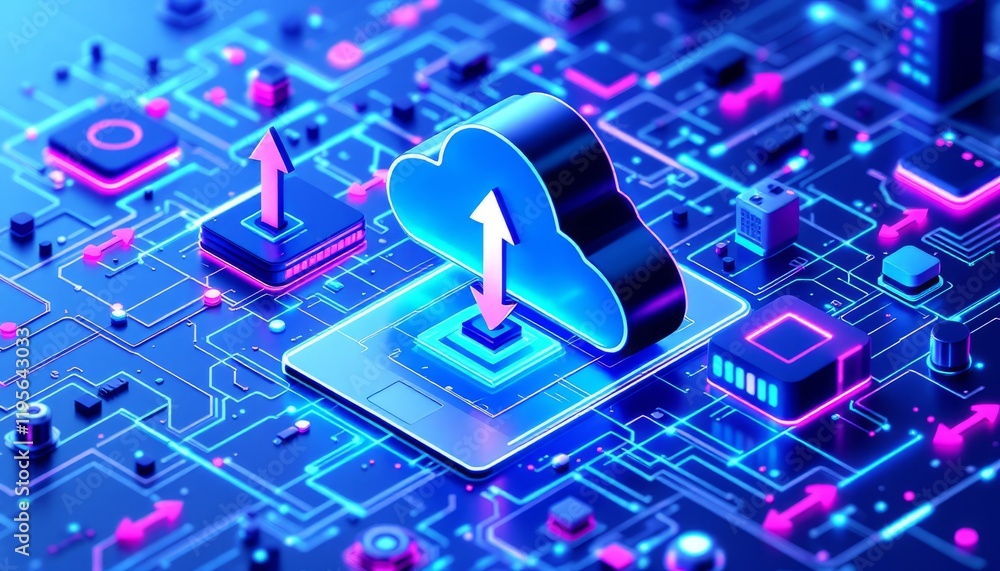 Naklejka premium Cloud computing with data servers, smartphone, laptop, data storage, blue and purple color scheme, futuristic technology, 3D render, cybersecurity concept.