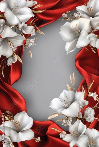 Red silk frame with white flowers, elegant design,  greeting card template