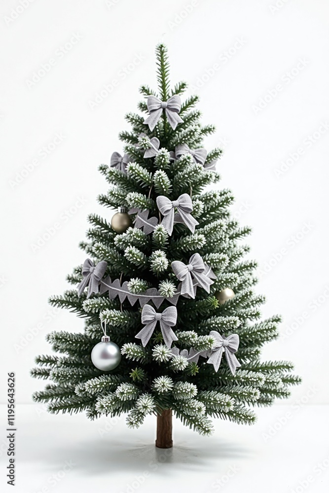 Fototapeta premium A compact, bushy Christmas tree is decorated with silver and gray toys, bows and garlands. Its branches are dusted with artificial snow, giving it a whimsical, cozy appearance