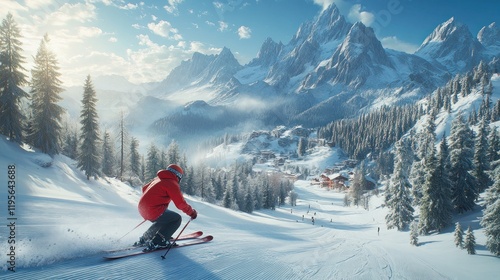 Skier descends snowy mountain slope at sunrise.