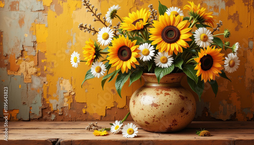 Rustic vase filled with sunflowers and daisies, artistic still life