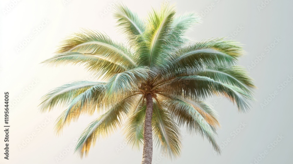 Lush tropical palm tree against soft gradient sky Lush tropical palm tree against soft gradient sky