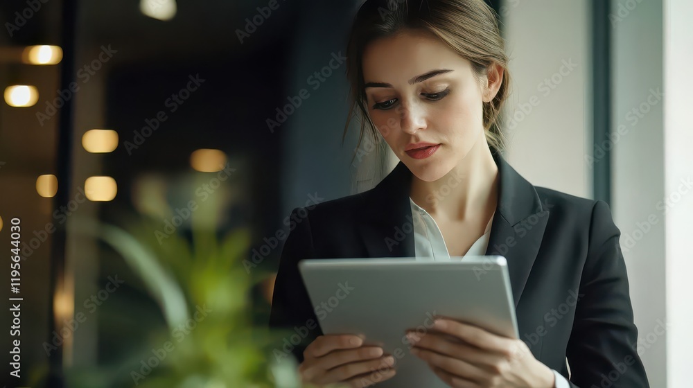 Engaged Businesswoman Using Tablet in Modern Office Setting Engaged Businesswoman Using Tablet in Modern Office Setting
