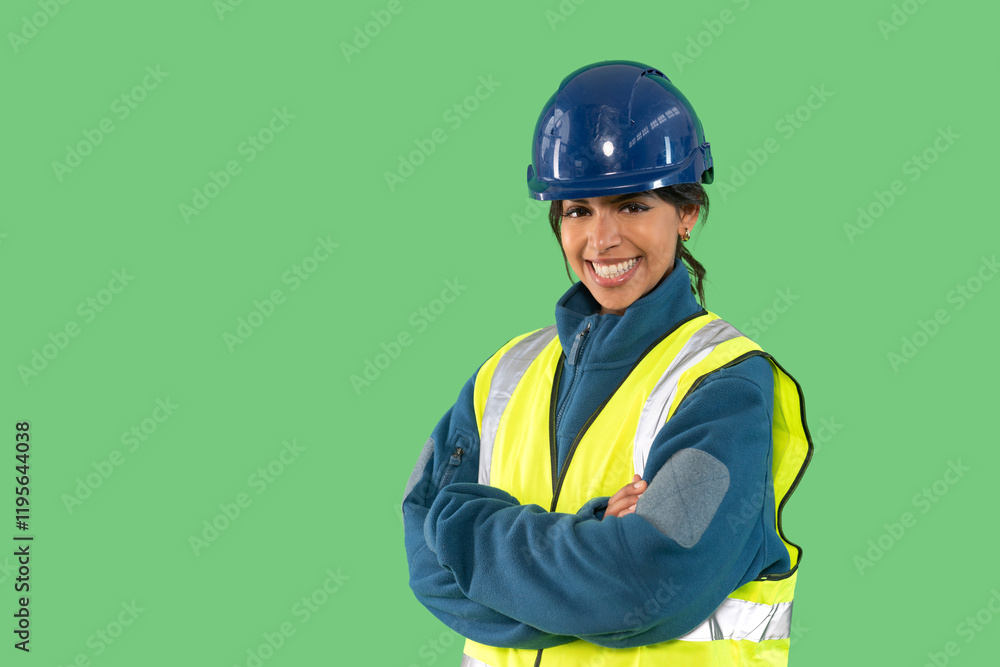 Fototapeta premium Smiling construction worker wearing safety gear poses with confidence against a green backdrop