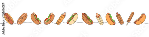 Hot dog set one line colored continuous drawing. Hotdog, French hot dog, corn dog continuous one line illustration. Vector linear illustration. photo