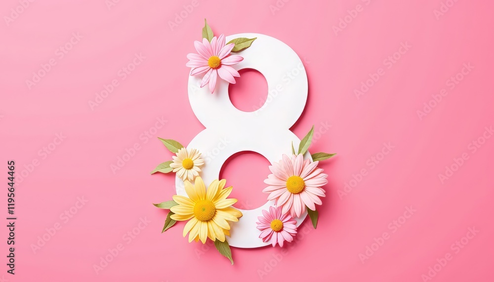 Handcrafted number 8 adorned with pastel flowers on pink background, celebration Handcrafted number 8 adorned with pastel flowers on pink background, celebration