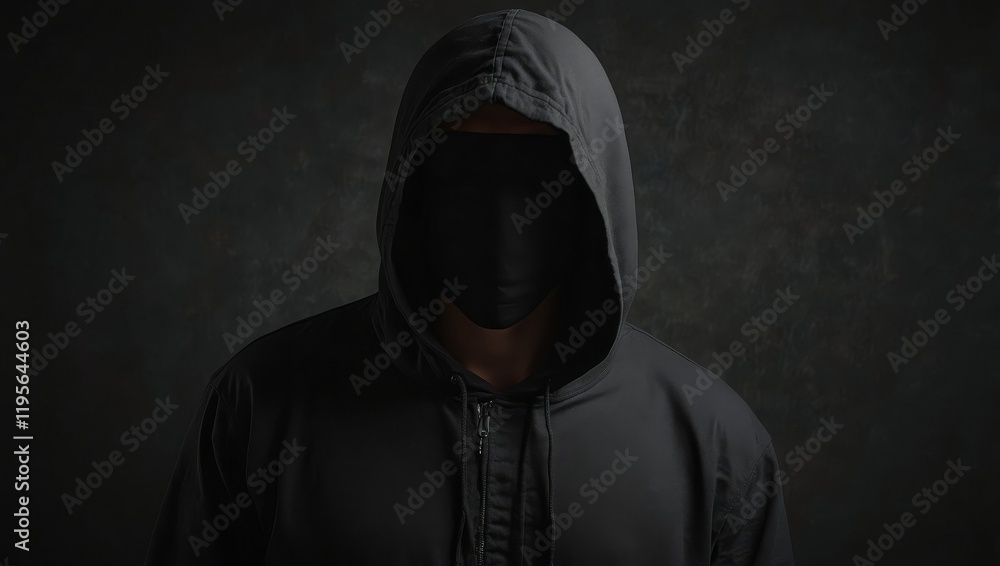 A Guy in a black hood on a dark background hides his face A Guy in a black hood on a dark background hides his face