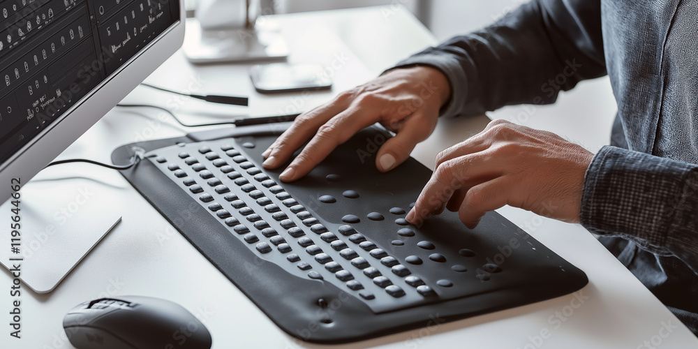 custom made wallpaper toronto digitalModern Braille display device connected to a computer, with a visually impaired person using it to read digital text.