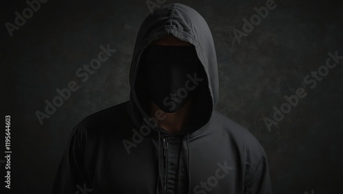 A Guy in a black hood on a dark background hides his face