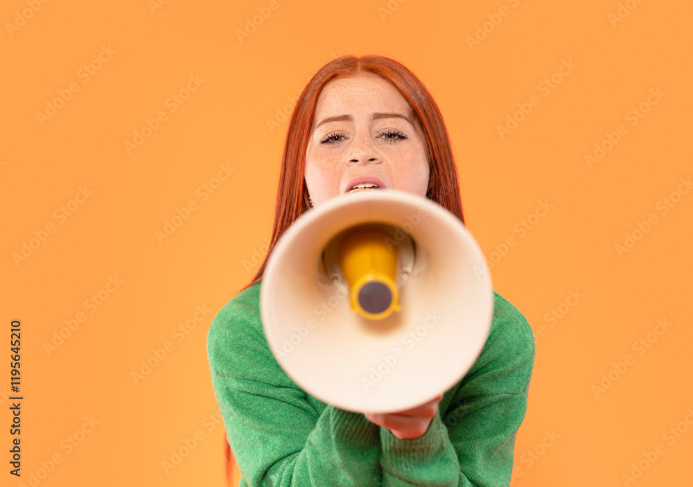 Girl enthusiastically speaks into a megaphone against a bright orange background