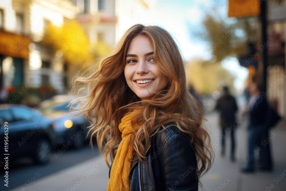 Fototapeta premium Smiling Young Woman on Summer Street. Beautiful Teenage Girl Enjoying Outdoors in the City