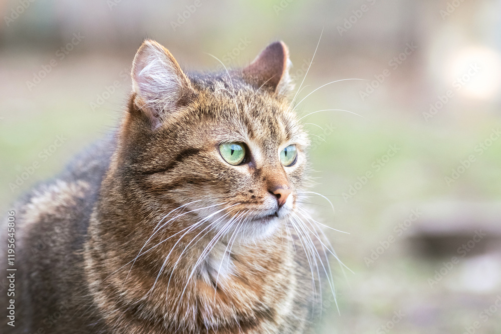 beautiful brown cat with big green eyes in a spring garden on a blurred background beautiful brown cat with big green eyes in a spring garden on a blurred background